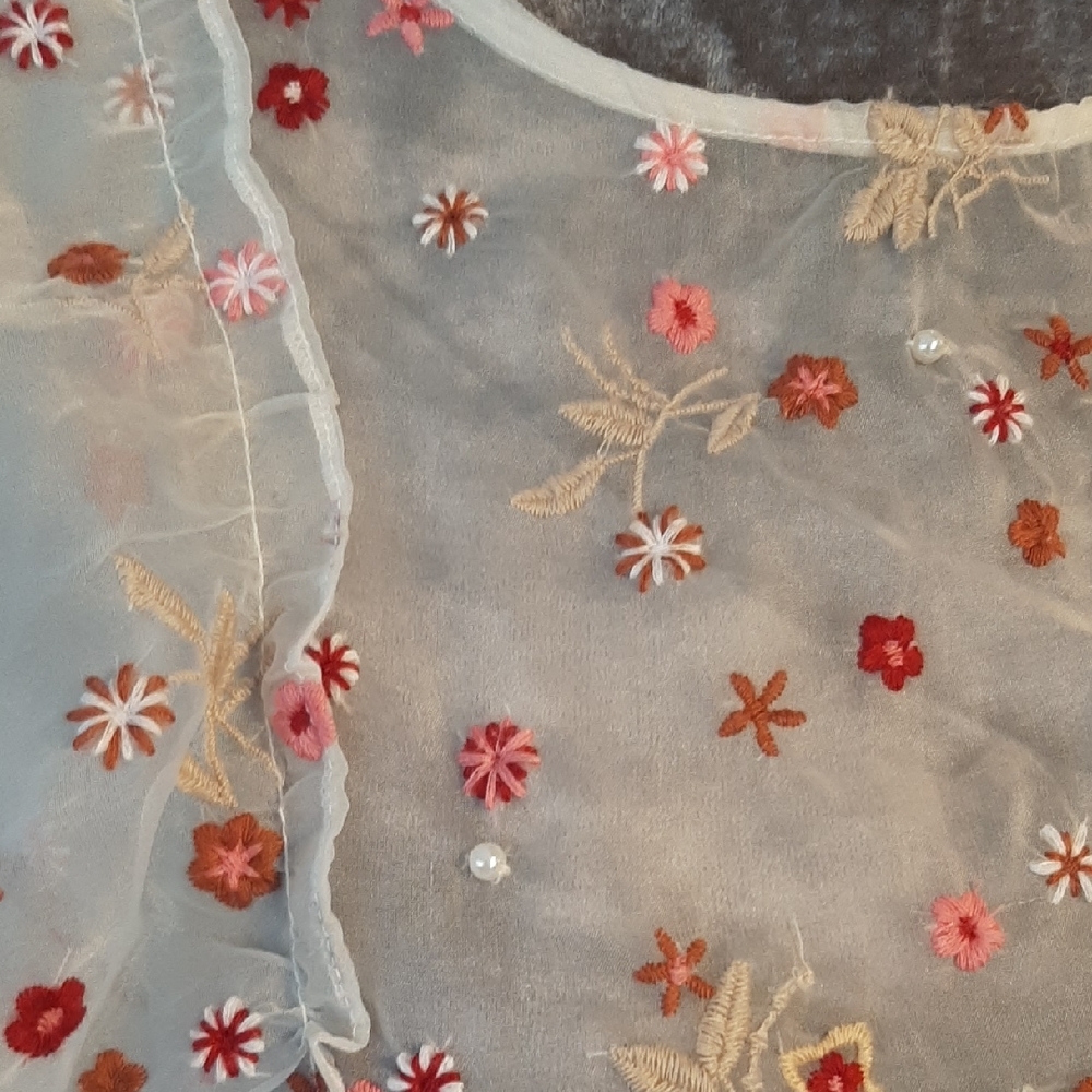 ZARA💐LNWT Chic Sheer White Blouse with Red Floral Embroidery & Faux Pearls Sz M - Picture 4 of 11